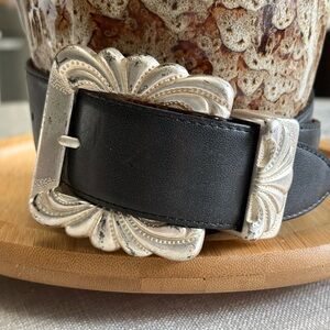 Vintage Ritz Black Leather Belt Medium Silver Tone Hardware Cowboy Maximum